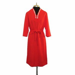 Vtg 60s Ruffle Neck Tie Waist Shift Dress M